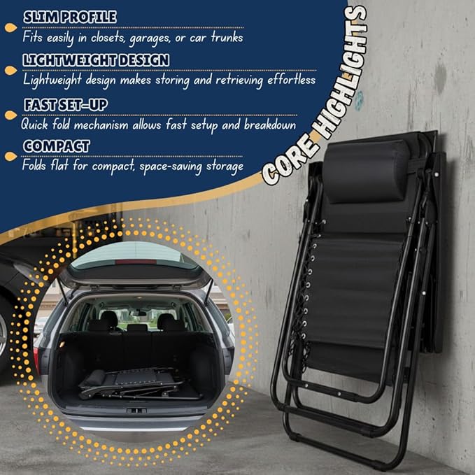 EZONE 1 - Chair Zero Gravity Lounge Chair Outdoor Adjustable Reclining Patio Chair Steel Mesh Folding Recliner for Pool Beach Camping Lounge Chair with Pillow and Cup Tray (1, Black)