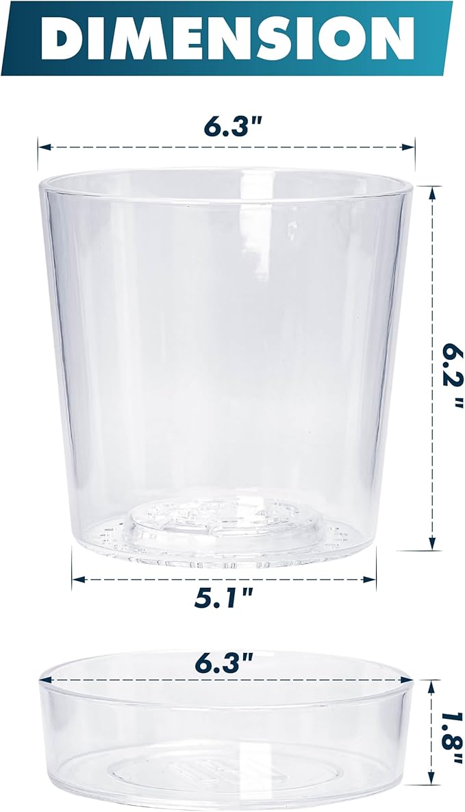Phoenix Vine 6.5 Inch Clear Acrylic Planter Pot with Tray, Orchid Pot with Drainage Holes, Deep Saucer for Bottom Watering, Transparent Containers for Indoor Plants, Herbs, Set of 4, 91-A-F-4