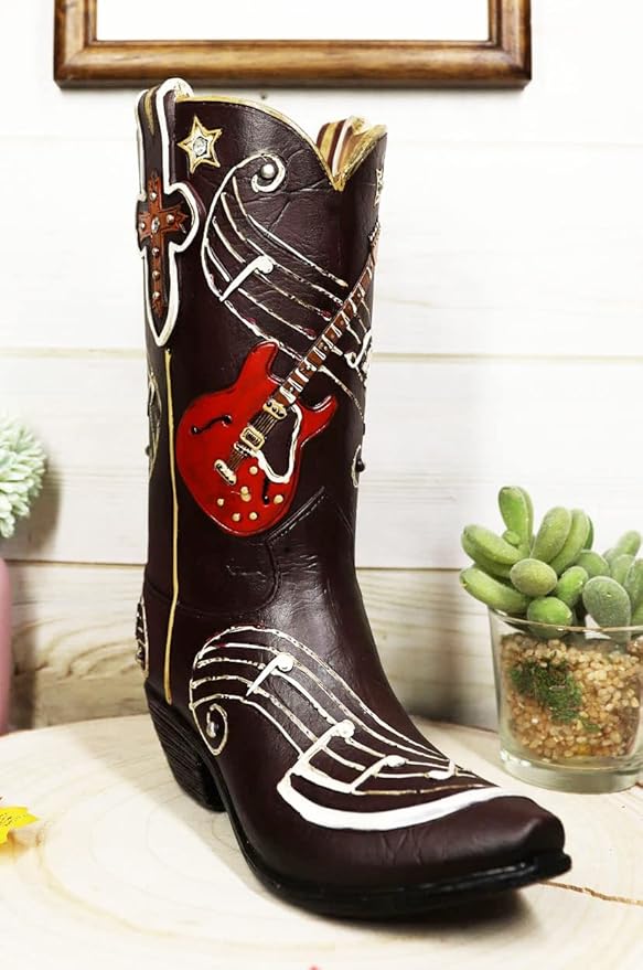 Ebros Gift Wild West Faux Tooled Leather Cowgirl Cowboy Boot with Western Star Cross Guitar and Musical Notes Chords Desktop Floral Vase Planter Sculpture Rustic Accent Boots Figurine