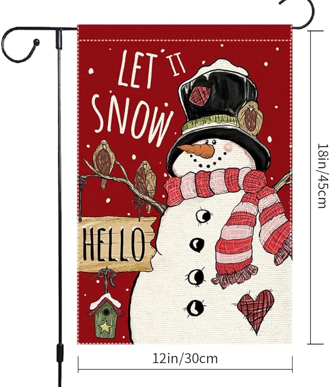 Let It Snow Snowman Snowflake Winter Christmas Garden Flag 12x18 Inch Double Sided Burlap, Cardinal Red Farmhouse Yard Outdoor Decorative Flag (RMQ46)