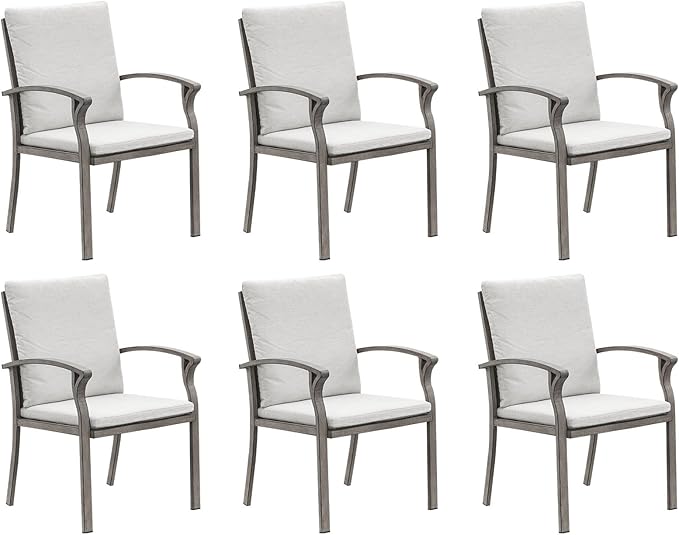 Patio Dining Chair Set of 6, Outdoor Dining Chairs with Thick Cushion, Sturdy Aluminum Outdoor Chairs for Table, Outdoor Dining Furniture Set for Deck, Garden, Backyard, Pool, Limed Oak