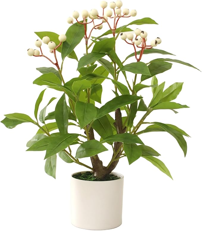 16" Artificial Potted Greenery Tree, Indoor Fake Berry Stems Tree in Pot Table Faux Green Plant for Home Desk Decor Office Kitchen Living Room Bedroom Bathroom (S, White Berry)
