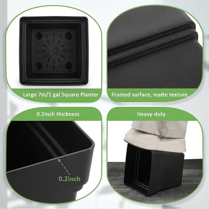 RooTrimmer 6-Pack 7'' Square Planters with Built-in Drainage Tray – Heavy-Duty Black Plastic Planter with Drainage Hole and Bottom Stopper, BPA-Free Black Plant Pots Matte Finish for Indoor Outdoor