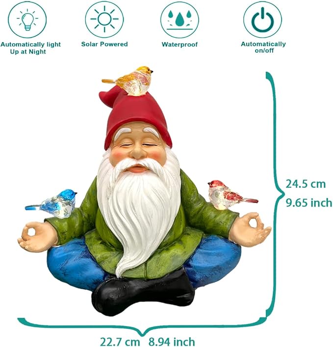 Solar Powered Gnome with Red Hat and 3 Birds, Resin Garden Ornament with LED Light, Lawn Figurine Outdoor Decoration Statue (Gnome with 3 Birds)