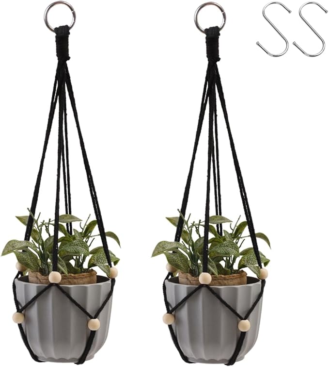 Artilady Black Hanging Planter for Indoor Plants Macrame Plant Hanger Large Hanging Plant Holder Basket with Adjustable Beads Outdoor Window Boho Plant Wall Decor (Black Bead)