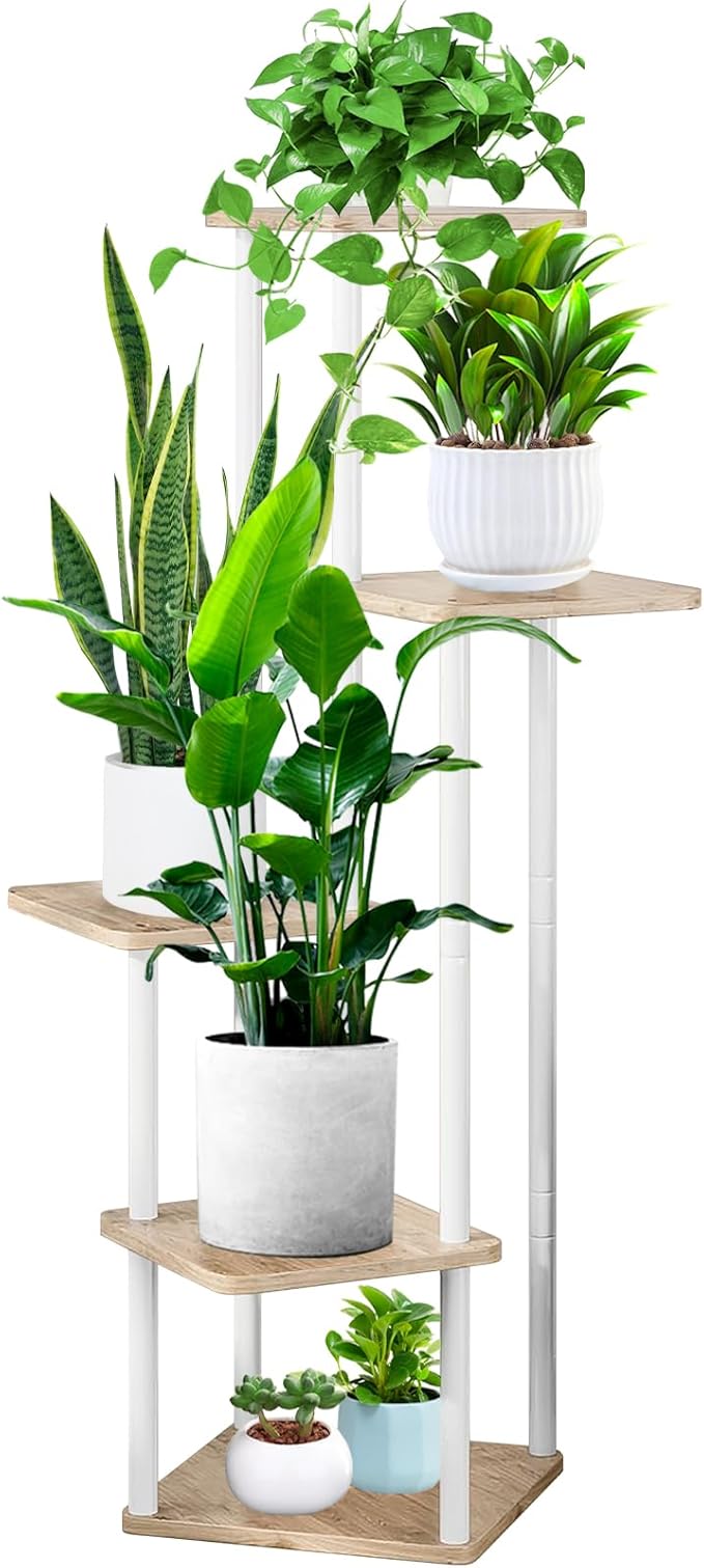 YOCOMEY 5 Tier Wood Tall Plant Stand Metal Rack Indoor, Multiple Flower Pot Holder Shelves Corner Rack, Planter Shelf Display Rack Storage Organizer for Patio Living Room Balcony Garden(White Oak)