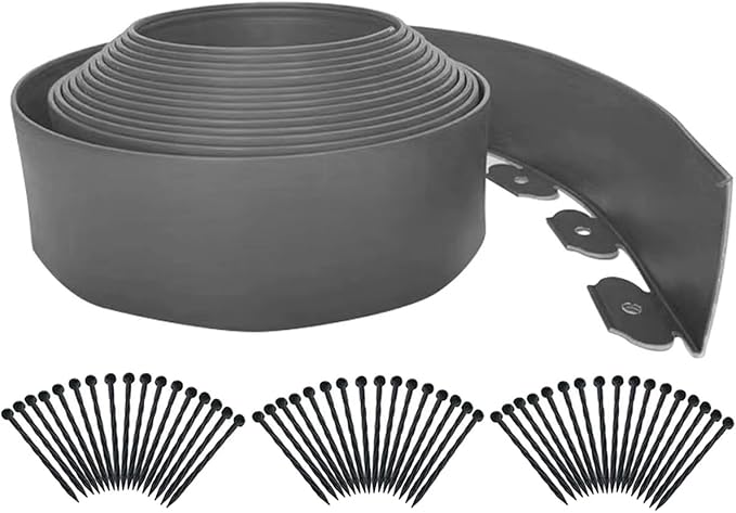 Landscape Edging 33FT,Garden Edging Borders [Extra Tall 4IN High] Flexible Lawn Edging Kit with Total 50pcs Stakes,Mini Plastic Fence Edge Used for Yard,Flowerbeds,Landscaping,Grass,Tree -Grey