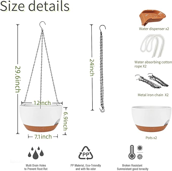 CNLBO 12 Inch Self Watering Hanging Planter for Indoor Outdoor Plants, 2 Pack Hanging Flower Pots with Drainage Holes and Saucers, Plastic Hanging Baskets for Kitchen, Balcony, Garden Decoration