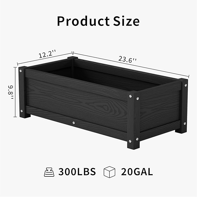 HDPE Planter Box, All-Weather Outdoor Garden Bed Easy to Assemble, Drainage System, Low Maintenance, Non-Fading, for Flower/Herb/Seed (Black)