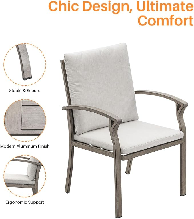 Patio Dining Chair Set of 6, Outdoor Dining Chairs with Thick Cushion, Sturdy Aluminum Outdoor Chairs for Table, Outdoor Dining Furniture Set for Deck, Garden, Backyard, Pool, Limed Oak