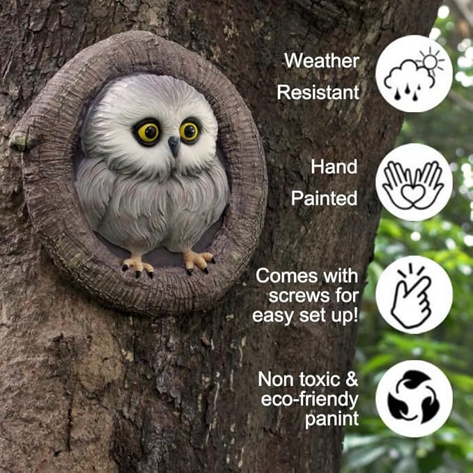 Baby Owl Resin Tree Faces, Whimsical Holiday Decorations Outdoor Owl Hugger Sculpture, Garden Ornament for Yard Lawn Patio Porch, Tree Decor Unique Garden Gift, Durable Waterproof Resin Statue