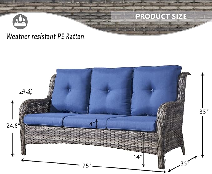HUMMUH Outdoor Furniture 6 Pieces Patio Furniture Set Wicker Outdoor Sectional Sofa with 2 Patio Chairs,Ottomans,Coffee Table(Grey/Blue)