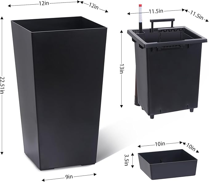 Set of 2 Tall Planters for Outdoor Plants, 22.5" Large Planter Pots with Drainage Holes & Water Level Monitor, Self-Watering Flower Pots for Patio, Porch, Garden, Front Door Decor, Indoor Outdoor