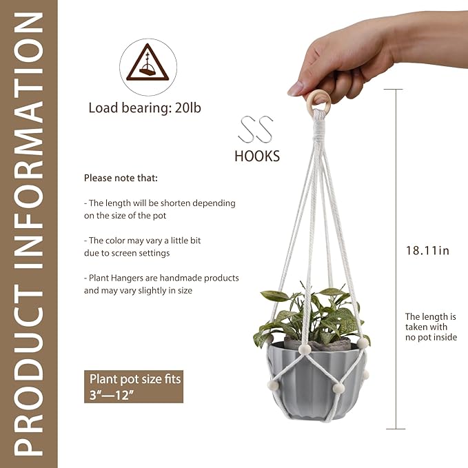 Artilady Hanging Planter for Indoor Plants Macrame Plant Hanger Large Hanging Plant Holder with Adjustable Beads Plants Basket White Rope Boho Plant Wall Decor (White Bead)