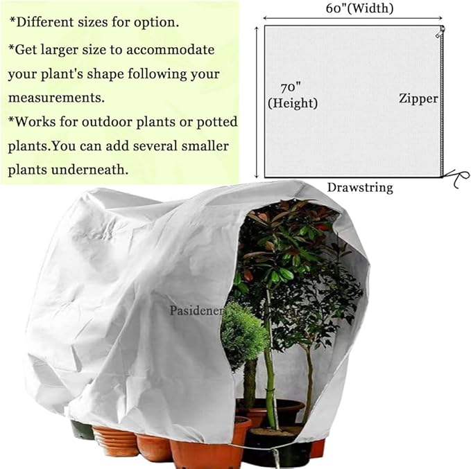 Pasidener Plant Covers Freeze Protection 2 Packs 70" x60" 2.2oz Tree Covers Frost Plant Covers Freeze Cloth for Outdoor Plants with Zipper Drawstring