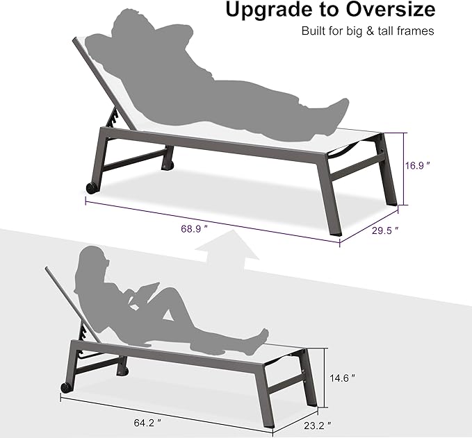 PURPLE LEAF Outdoor Chaise Lounge Set for 2 Oversized Pool Lounge Chairs with Easy-to-Move Wheels and Adjustable Backrest Extra Large Patio Loungers for Poolside Deck Beach Yard Table Included, White