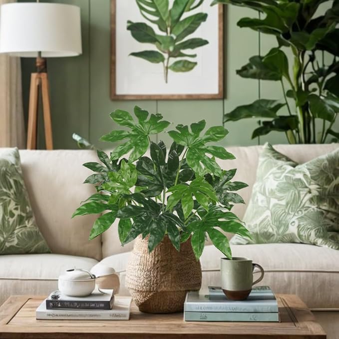 Hollyone 2PCS Artificial Fatsia Jaonica Leaves 30.7" Fake Tropical Monstera Bushes Tree Leaf Large Faux Greenery Stem Shrub for Indoor Outdoor Home Garden Arrangement Jungle Safari Wedding Party Decor