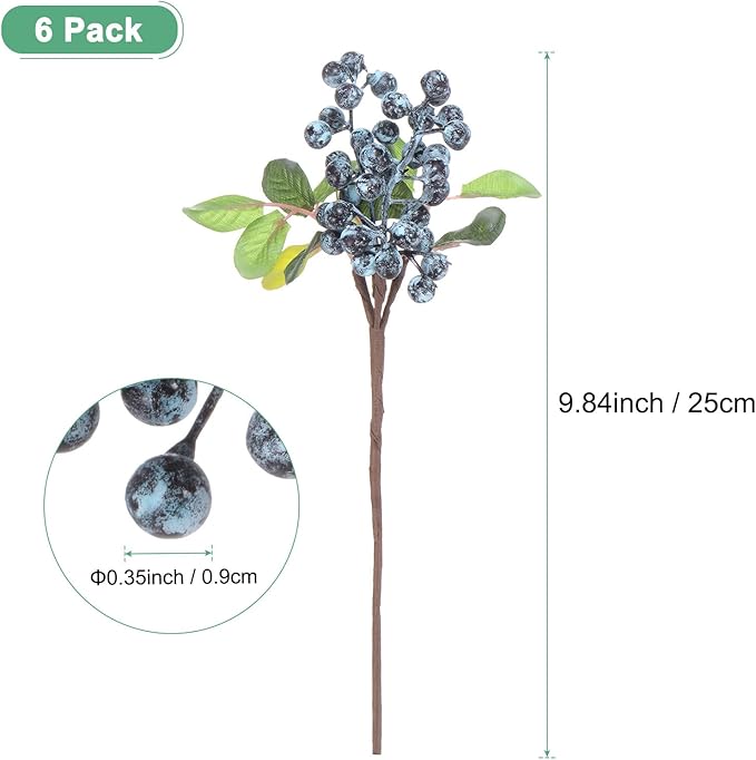 6-Pack Artificial Berry, 9.8 Inch Faux Holly Berry Foam Faux Frosted Berries with Stems for Home/Wedding/Christmas/DIY/Party/Garden/Office [Blueberry]