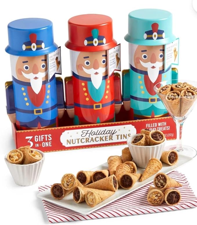 Nutcracker Holiday Treat Tins with Mini Waffle Cones, 3-Count – Festive Christmas Gift Set, Assorted Holiday Snack Cones, Resealable Decorative Tins, Seasonal Party