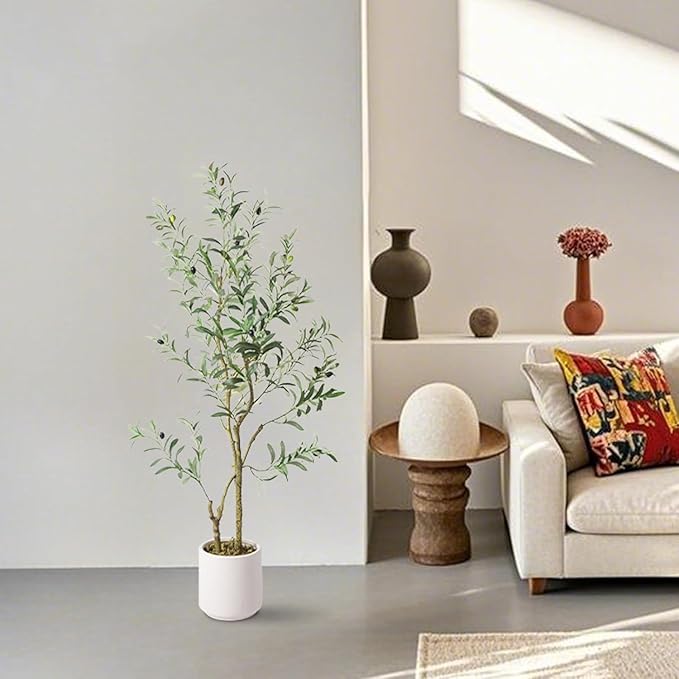 Artificial Fake Olive Tree 4FT Tall 1Pack with White Planter Faux Silk Olive Tree for Home Living Room Office Decor Faux Artificial Plants Indoor with Fruit & Free Moss