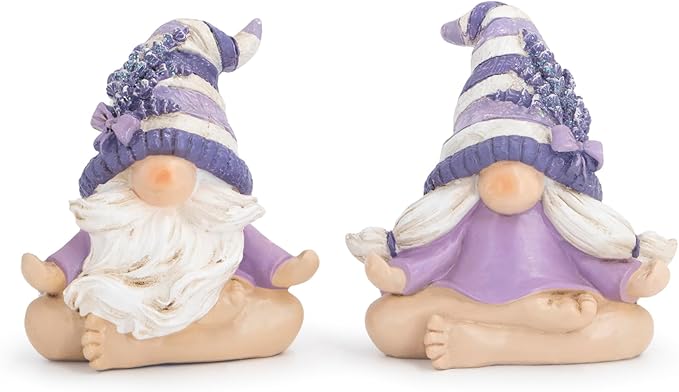 Hodao 2PCS Zen Lavender Meditation Gnomes Figurines Set- Yoga Themed Inspired Home Table & Shelf Decor for Relaxation & Serene Living Spaces Yoga Lavender Decor Retirement Gifts for Women (Purple)