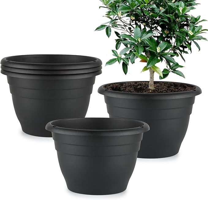 RooTrimmer Plant Pots Set of 5, 10" Outside Diameter Flower Pots, 8.5" Inner Diameter Planters with Drainage Hole, Durable Perfect for Indoor & Outdoor Plant Planting, Decor, Black