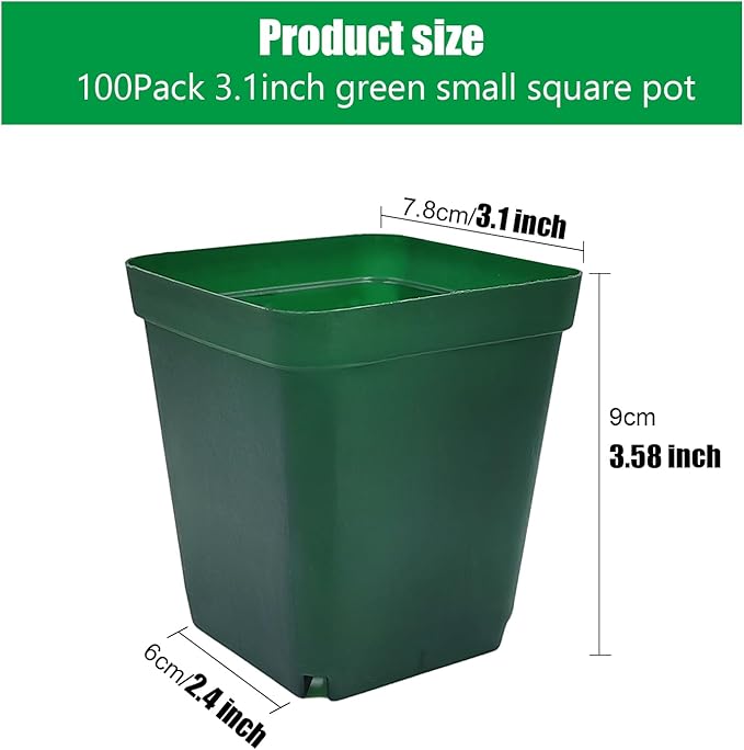 RooTrimmer Square Seedling Nursery Pots 3.15 Inches 100 Pcs for Small Succulents or Cacti Flower Plastic Pots Sturdy Reusable (Green, 3.14Inches,100Pcs)