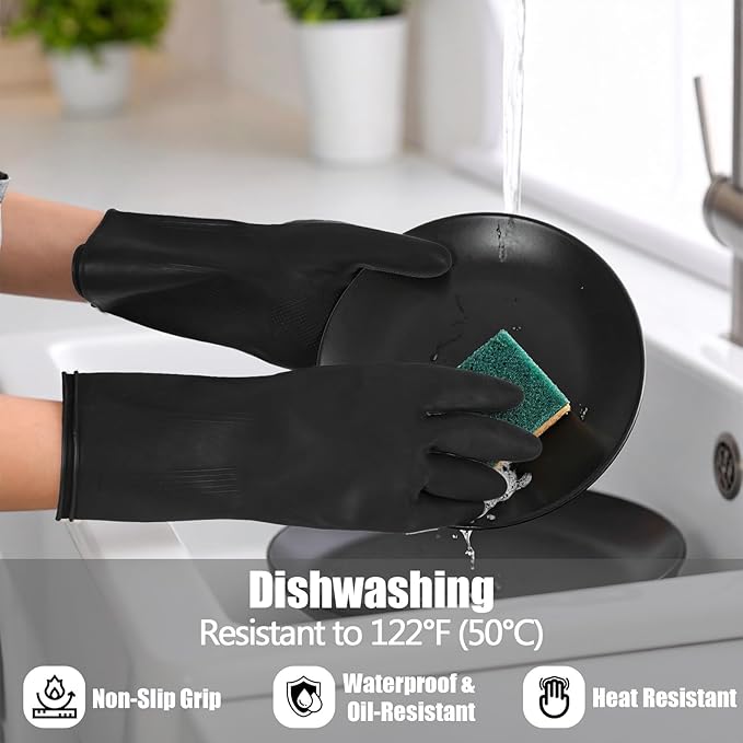 10 Pairs Chemical Resistant Latex Gloves, Heavy Duty Black Rubber Gloves, Reusable Dishwashing Cleaning Glove, Cleaning Protective Safety for Car Home Lab (Large)