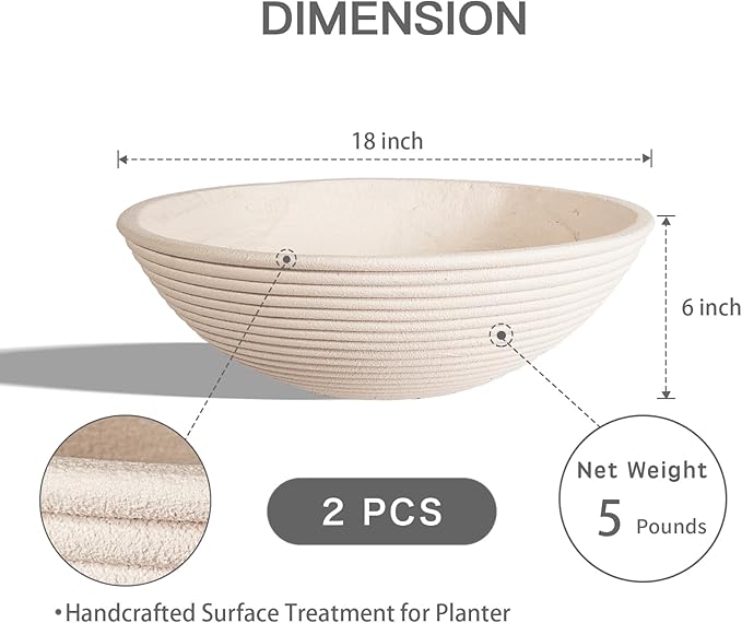 TerraDeco 18 - inch Handmade Classic Bowl - Concrete Planter (2 Packs) | Concrete Composite | Ideal for Succulents, Courtyard Pillars & Staircase Corners