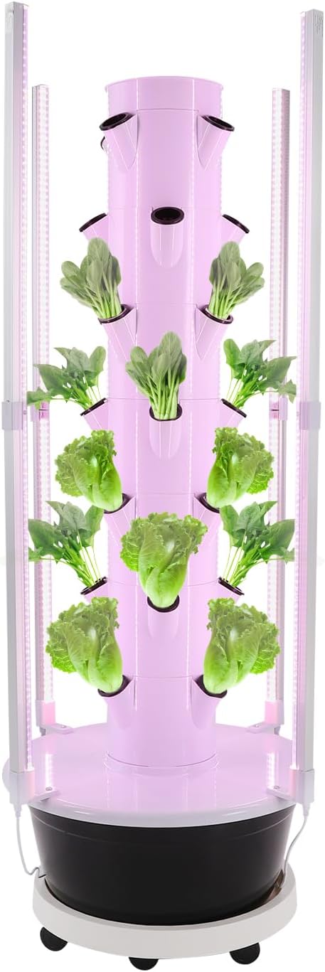 Hydroponic Growing System, 28-Plant Vegetable Planter Tower with LED Light, Outdoor Indoor Garden Vertical Planter Germination Kit with Water Pump, Intelligent Water Circulation & Timer Function