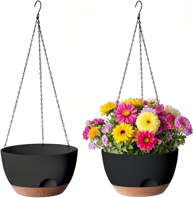 LESOASIS Set of 2-12 Inch Hanging Planter, Self-Watering Hanging Planters for Indoor Plants & Outdoor, Plant Hanger Indoor, Hanging Plant Pot with Drainage (Black)