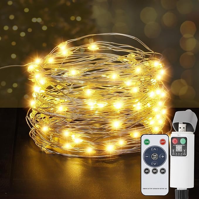 Rechargeable Fairy Lights Plug in, 33Ft 100 LEDs Waterproof Camping String Lights, with Remote and Adaptor,Starry String Lights for Wedding Indoor Outdoor Christmas Patio Garden Decoration,Warm White