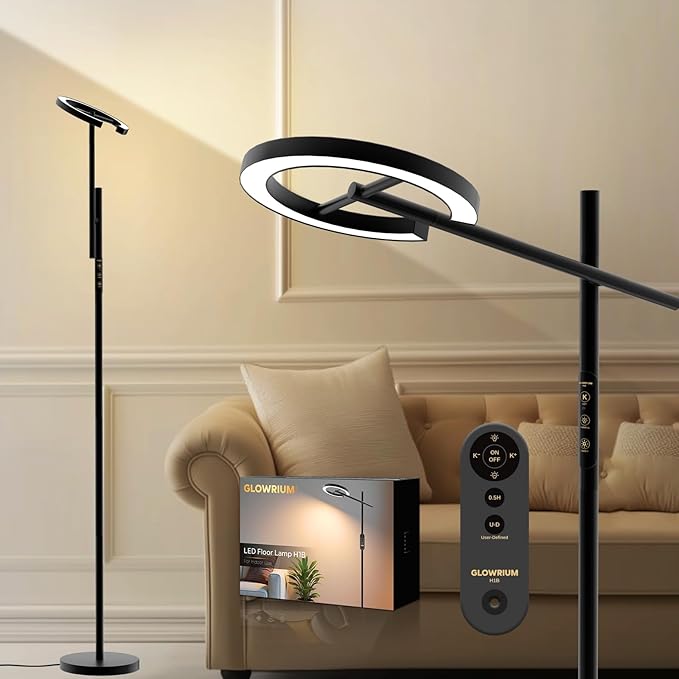 Light Therapy Lamp, 12000 LUX UV-Free Sunlight Lamp, Floor Lamp with Remote, Full Spectrum Sun Lamp, 4 Color Temps 2700-6500K & 7 Brightness & Timer LED Lamp for Living Room Bedroom Home Office, Black