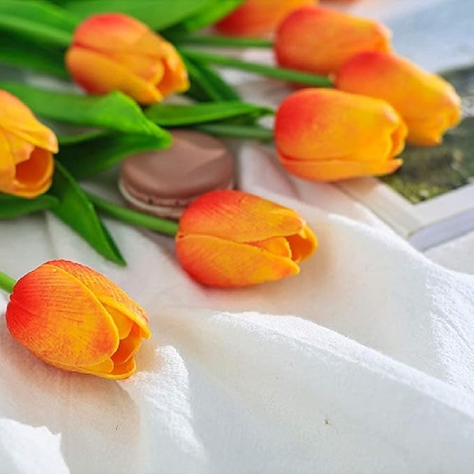 Kisflower 30Pcs Latex Tulips Real Touch Red and Yellow Artificial Flowers Fake Tulips Arrangement Bouquet for Home Office Wedding Decor (Red and Yellow)