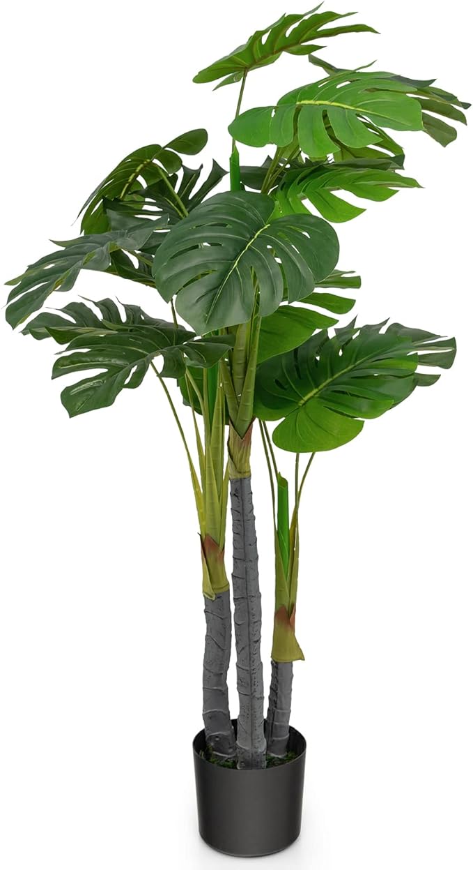 GOFLAME 4ft Artificial Monstera Deliciosa Plant, Faux Tree in Pot with 20 Large Leaves, 3 Trunks & Realistic Moss, Swiss Cheese Plant, Tropical Monstera Palm Tree for Home Office Garden Decor