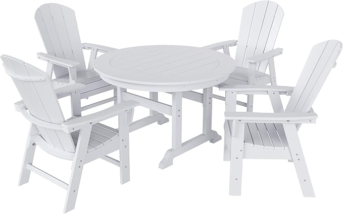 WestinTrends Malibu 5 Piece Adirondack Patio Dining Set, All Weather Poly Lumber Outdoor Table and Chairs Furniture Set, 47" Trestle Round Dining Table and 4 Adirondack Dining Chair, White