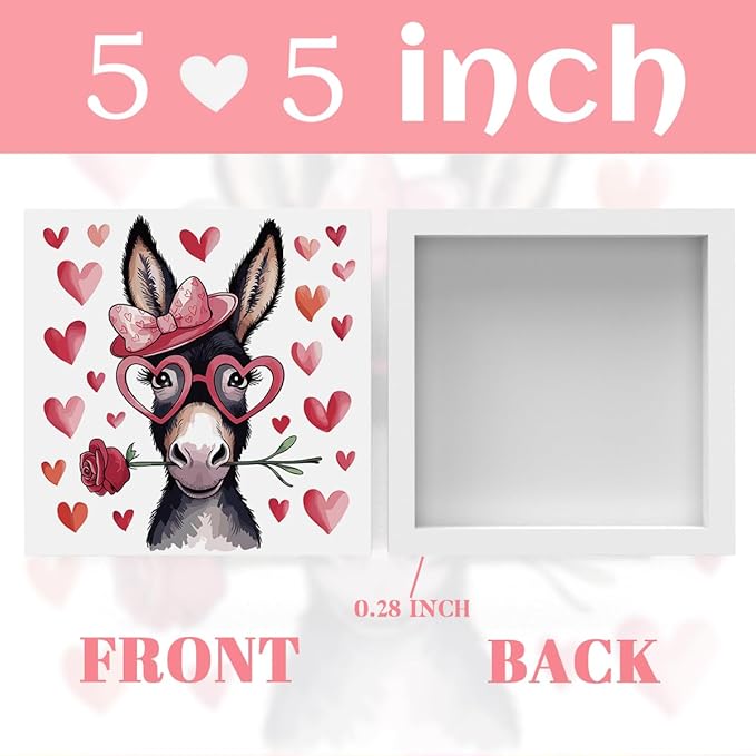 Valentines Day Decorations, Valentines Day Gifts for Her Him, Gift for Boyfriend Girlfriend, Pink Heart Rose Donkey Anniversary Wooden Box Sign Husband Wife Home Office Bedroom Desk Decor