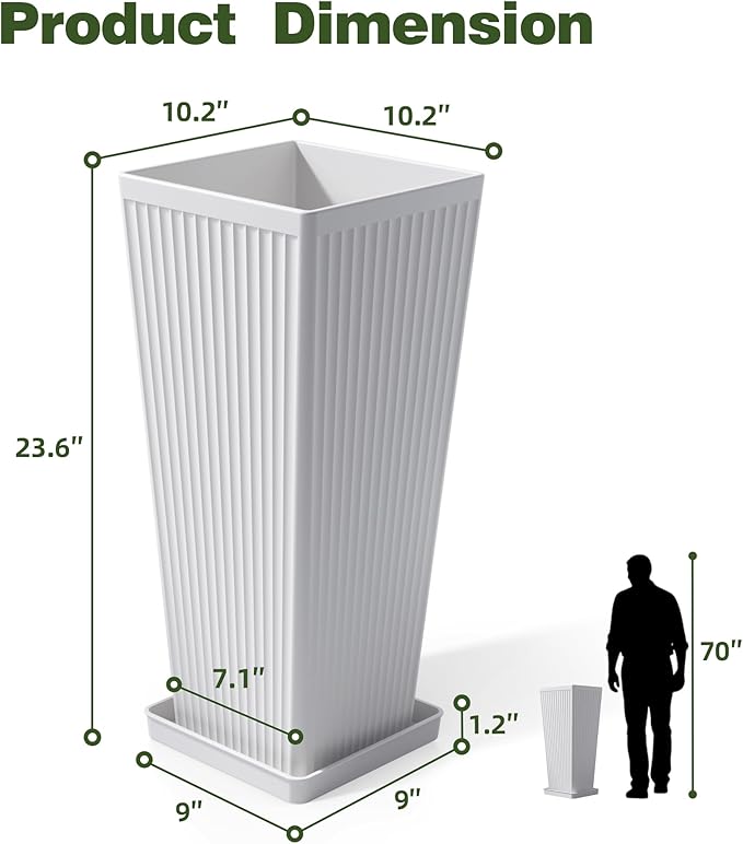 Trygoal Square Tall Planters for Outdoor Plants Set of 2-23.6" Modern Tapered Indoor Flower Pots with Drainage Holes/Partition/Tray, Large Outdoor Planters for Porch Patio Garden Front Porch, White