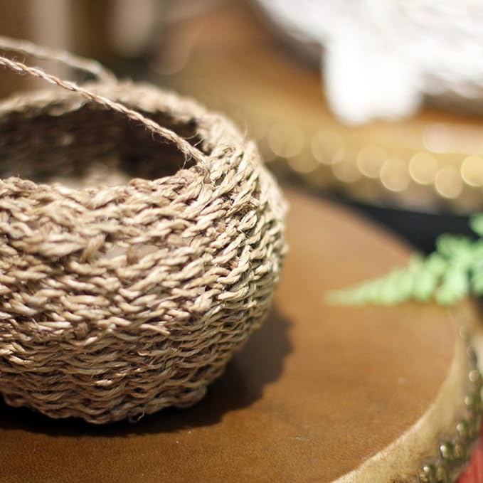 Hanging Planter, Rope Handled Wicker Basket for Indoor Plants, 10X10X9cm/3.93X3.93X3 inches, Light Brown