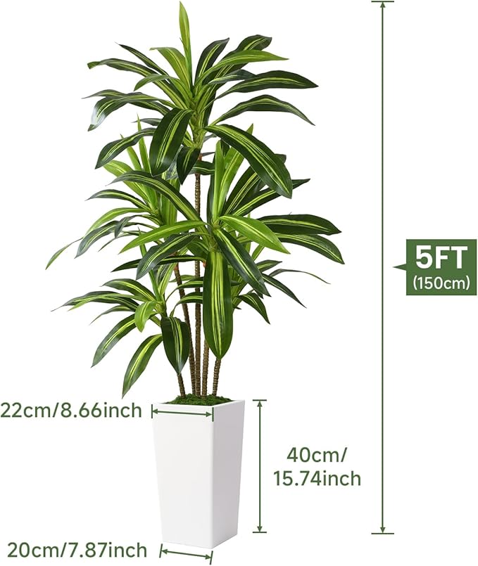 Alupssuc Artificial Dracaena Fake Tree 5FT, White High Pot Artificial Plants Indoor&Outdoor, Fake Plants for Office/Home/Living Room Potted Decoration, 5ft