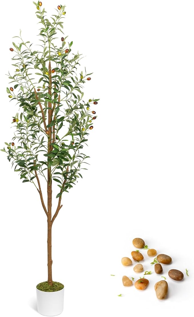 7FT Artificial Olive Tree - Indoor Tall Faux Olive Trees with Planter&Basket, Large Fake Olive Silk Tree Realistic Olive Plants with Branches and Fruits for Home Decor Office Living Room