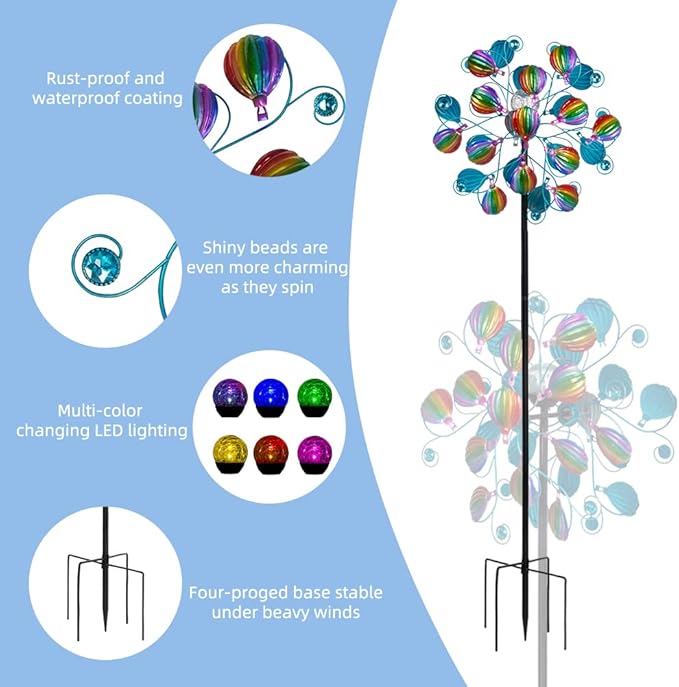 VEWOSTAR Solar Wind Spinners Outdoor,Hot Air Balloon Wind Spinner with LED Glass Ball,Muti-color Wind Spinners for Yard and Garden,Pinwheels Kinetic Wind Spinner,Wind Sculptures & Spinners for Pathway