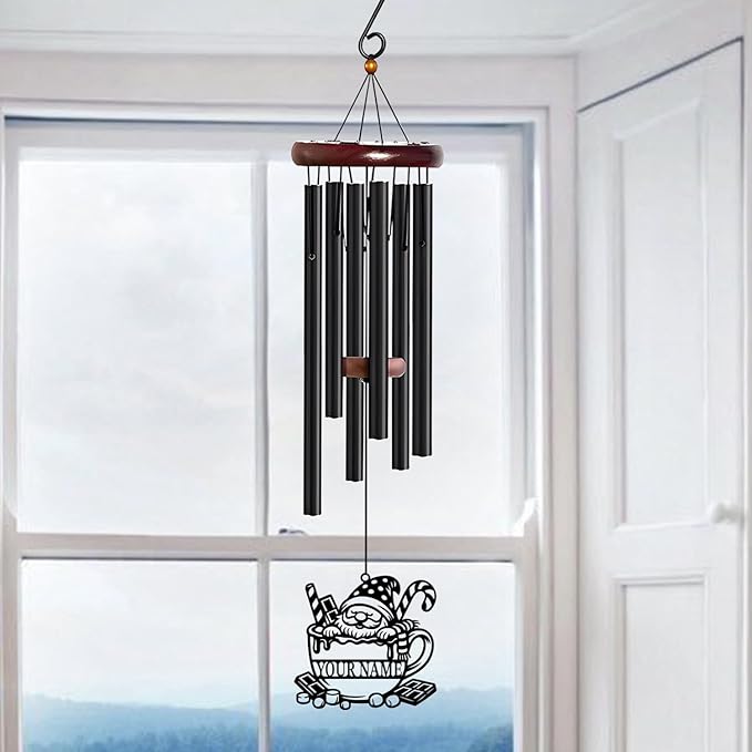 Personalized Customize Name Gnome Wind Chime, Metal Iron 37 Inch Outdoor Memorial Gift for Garden Yard Patio Home Decor, Black，Christmas (Style D)