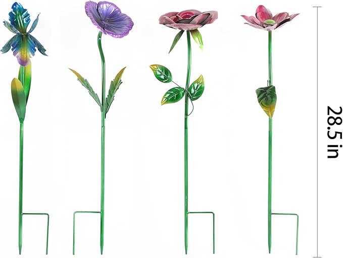 Voltogar 28.5" H Large Flower Stake Metal Decoration for Garden Set of 4, Plant Pick Art Ornaments Waterproof Stake for Lawn Porch Pathway Patio Flower Bed, Yard Outdoor Ornaments(Red & Purple & Blue)