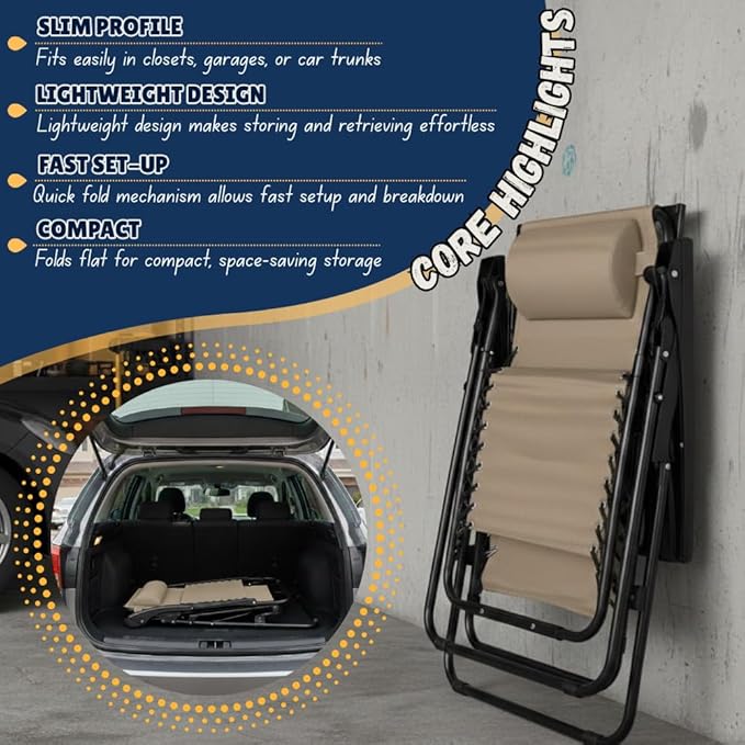 EZONE Zero Gravity Lounge Chairs Outdoor Adjustable Reclining Patio Chair Steel Mesh Folding Recliner for Pool Beach Camping Lounge Chair with Pillows and Cup Tray (2, Beige)
