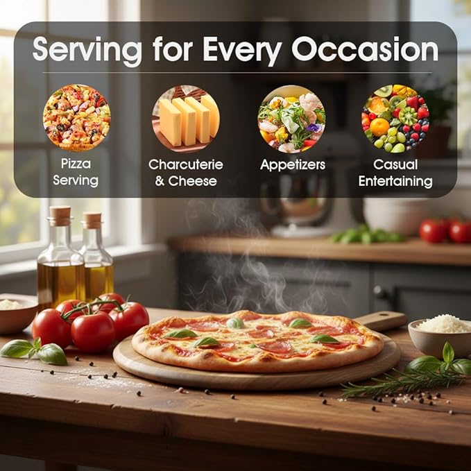 GleeNflux 12" Acacia Wood Charcuterie & Pizza Serving Board Set with Pizza Cutter, Rustic Wooden Board for Cheese, Appetizers & Entertaining, Thoughtful Housewarming Gift