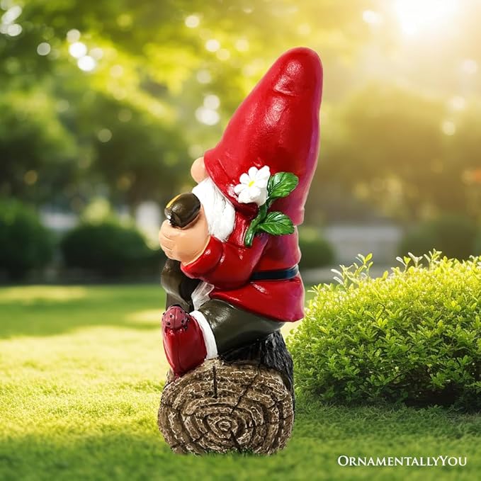 OrnamentallyYou Hippy Gnome with Guitar Garden Statue, Unique Flowers and Peace Sign