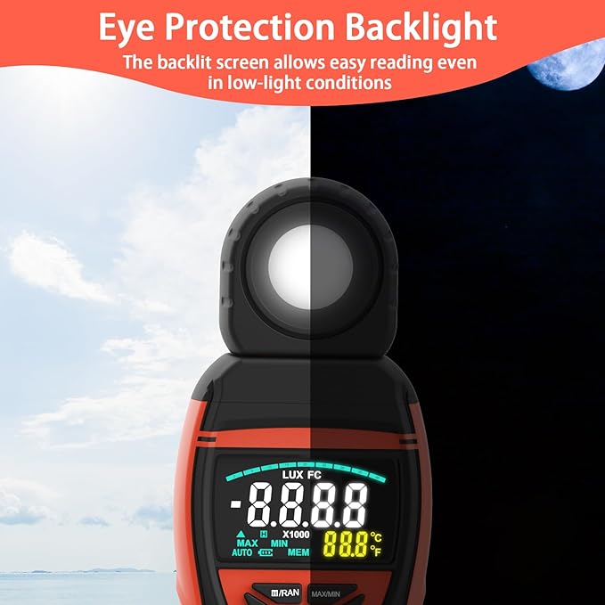 GOYERRNES Illuminance Light Meter, Digital Lux Foot Candles Meter 0.1~400,000 Lux (0.1~40,000 FC) with 270º Rotatable Detector, Lumen Meter Luxmeter for Indoor Outdoor(Multicolor Backlit)