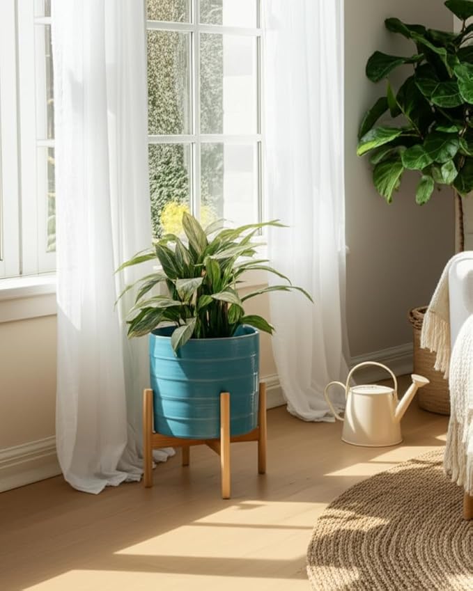 Striped Ceramic Decorative Planter Pot with Stand – Outdoor & Indoor Planter with Stand – Plant Pot for Living Room or Patio – Home Decor, Modern Planters for Indoor Plants – 11", Blue & White