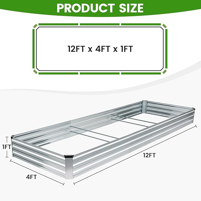 G GOOD GAIN 12x4x1ft Galvanized Raised Garden Bed, Heavy-Duty Metal Planter Boxes Outdoor for Vegetables Flowers Herbs, Silver(1 Pack)